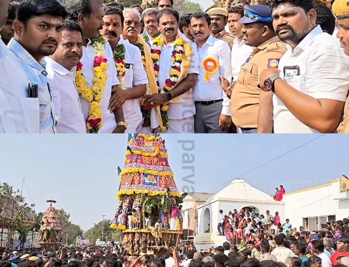 அரூர் அருகே தர்மபுரி நாடாளுமன்ற உறுப்பினர் ஆ.மணி மற்றும் அரூர் சட்டமன்ற உறுப்பினர் சம்பத்குமார் பொது மக்களுடன் சேர்ந்து தீர்த்தமலை தீர்த்தகிரிஸ்வரர் மாசிமக திருதேரோட்டத்தை வடம் பிடித்து இழுத்து சென்றனர்